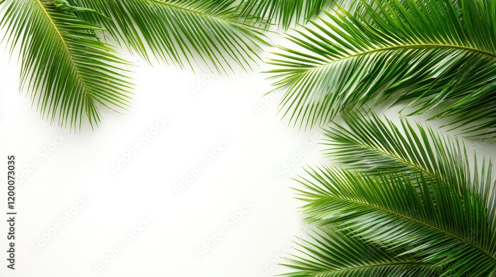 Fototapeta premium Tropical palm leaves frame, white background, summer design.