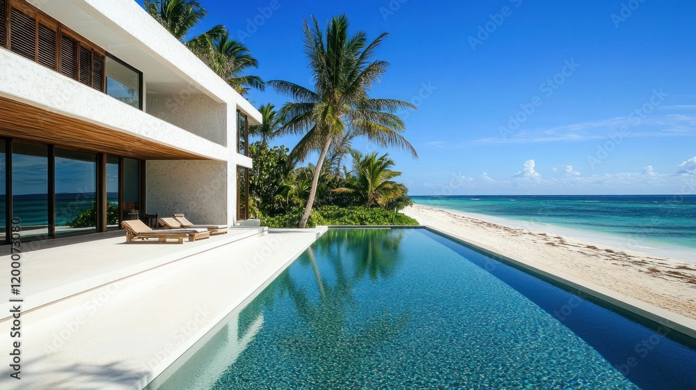 Fototapeta premium A modern minimalist house located on the beach, with a natural clear blue swimming pool with a beach environment, background wallpaper AI generated image