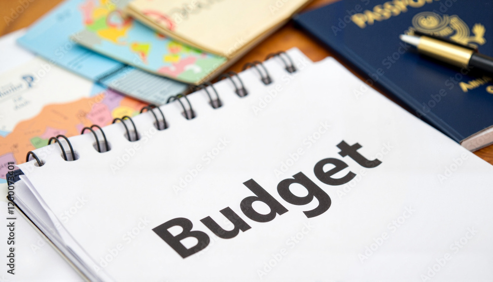 Travel budget planning with notebook, maps, passport, and pen on wooden table Travel budget planning with notebook, maps, passport, and pen on wooden table