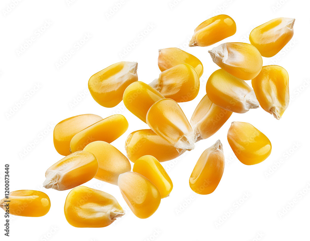 Fototapeta premium Many Flying corn seeds isolated on white background, cut out