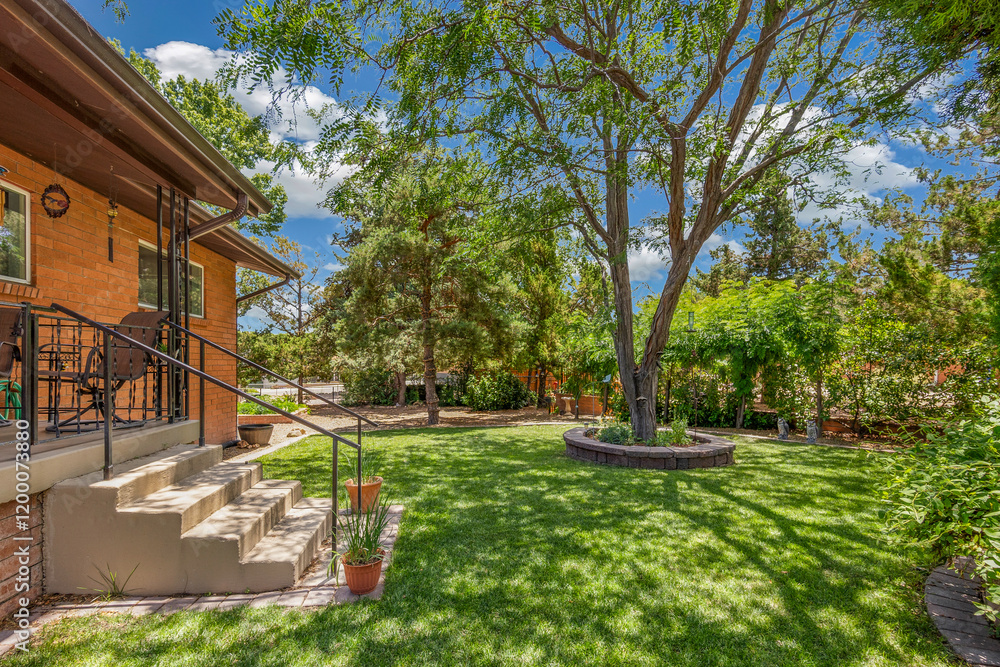 A Home backyard with a patio A Home backyard with a patio