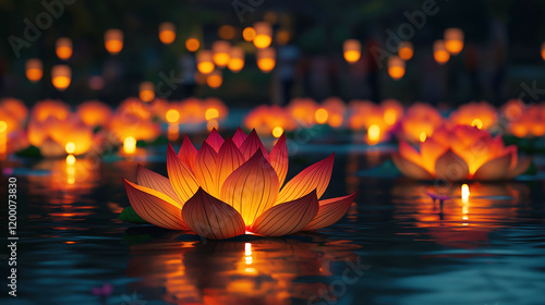 Colorful lotus lanterns illuminate a lake during a vibrant nighttime festival with joyful participants in the background photo