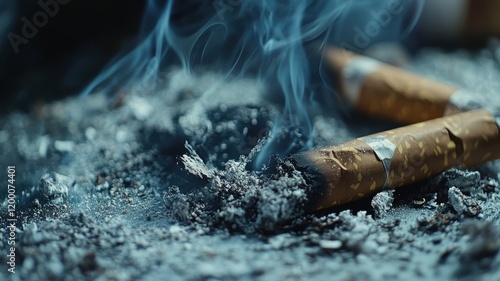 Cigars resting on ash with smoke rising in a dimly lit setting photo