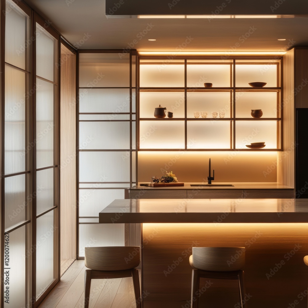 Fototapeta premium Modern minimalist kitchen island with wooden cabinetry and warm lighting