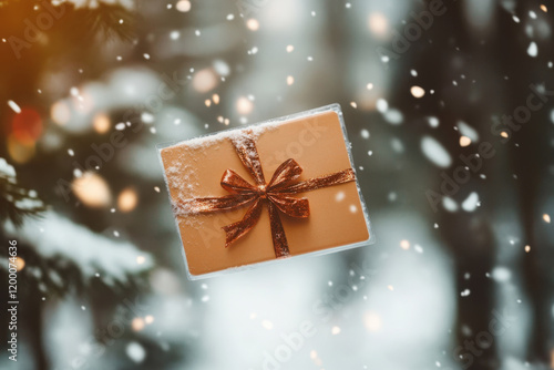 Floating gift box with golden ribbon amidst falling snowflakes in a wintry landscape photo