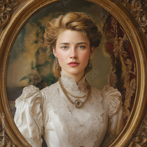 Portrait of a 19th-century aristocratic woman in an ornate frame showcasing elegance and timeless beauty