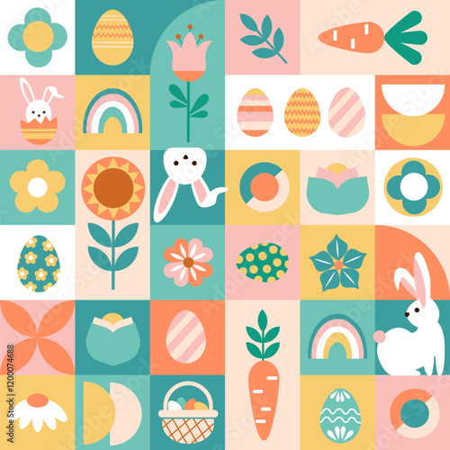 Colorful Easter geometric seamless pattern. Cute rabbit, flower, and eggs elements.