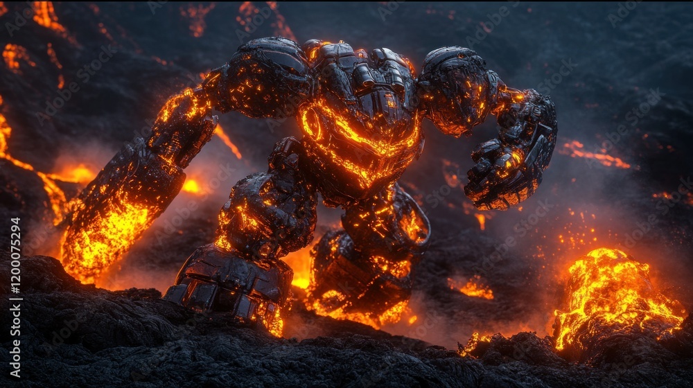 Dramatic battle of two huge robots in a volcanic crater and splashing sparks with energy cores, background wallpaper AI generated image Dramatic battle of two huge robots in a volcanic crater and splashing sparks with energy cores, background wallpaper AI generated image