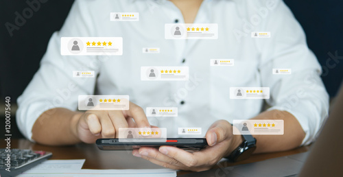 Customer review good rating concept, hand pressing user and five star icon on visual screen for positive customer feedback, testimonial and testimony, user comment and feedback for review.