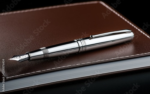 A sleek silver fountain pen rests elegantly on a luxurious brown leather notebook, embodying sophistication and professionalism. photo