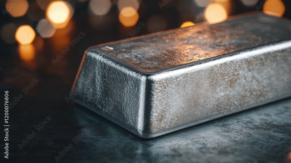 A close-up of a silver bar on a dark surface, with a bokeh background that adds a shimmering effect to the scene. A close-up of a silver bar on a dark surface, with a bokeh background that adds a shimmering effect to the scene.