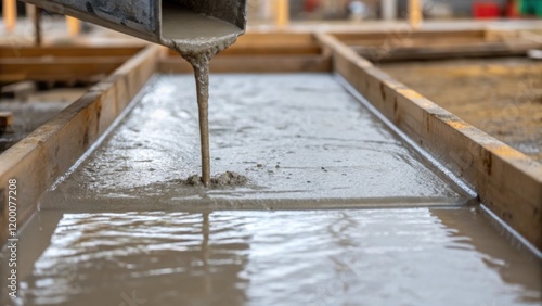 A closeup image of concrete being poured into a mold for a spill containment sump with focus on the viscous wet surface. photo