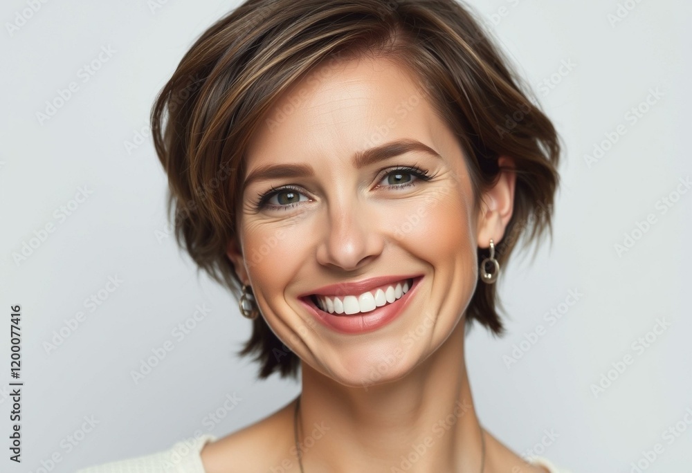 Woman with short hair, smiling, warm expression, clean background Woman with short hair, smiling, warm expression, clean background