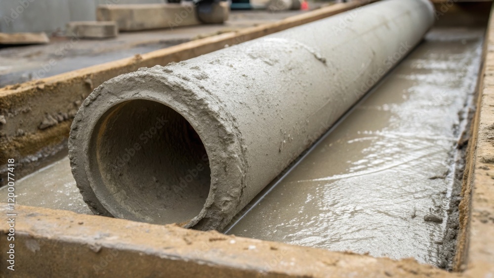 A closeup of a concrete pipe being removed from a mold revealing the fresh concrete and the rough edges where the two parts separate. A closeup of a concrete pipe being removed from a mold revealing the fresh concrete and the rough edges where the two parts separate.