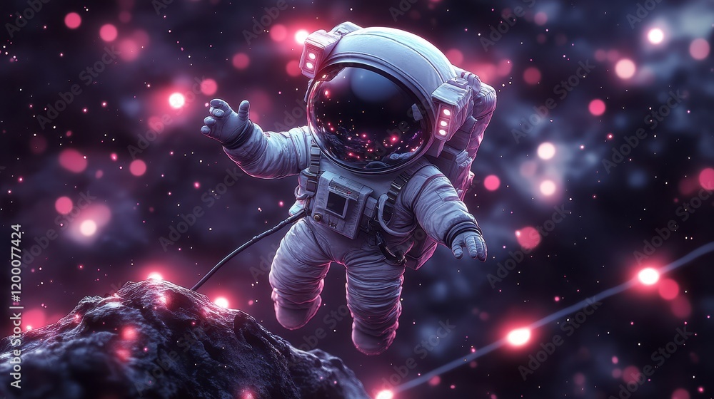 Fototapeta premium An astronaut floats in space amidst vibrant cosmic elements and glowing particles.