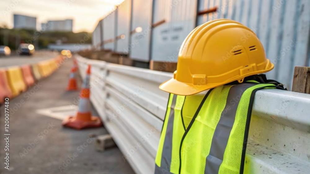 A closeup of a construction workers safety gear including a hard hat and reflective vest positioned near the prefabricated barrier symbolizing site safety amidst the construction A closeup of a construction workers safety gear including a hard hat and reflective vest positioned near the prefabricated barrier symbolizing site safety amidst the construction