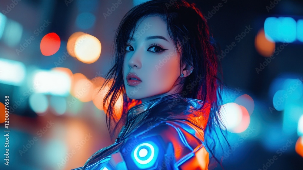 An Asian cosplayer in shining futuristic cyberpunk clothing and high-tech accessories, background wallpaper AI generated image An Asian cosplayer in shining futuristic cyberpunk clothing and high-tech accessories, background wallpaper AI generated image