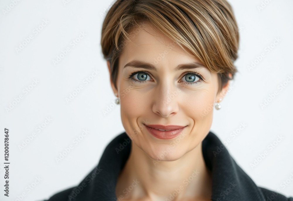 Woman with short hair and subtle smile Woman with short hair and subtle smile