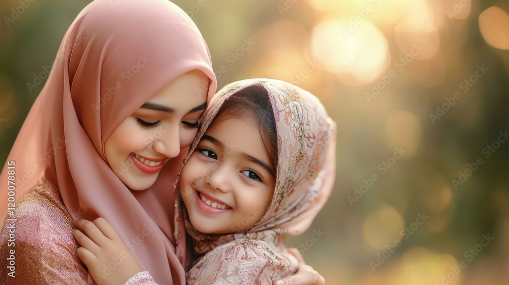 Obraz premium Unity and Diversity, Mother and Dauther Embracing Cultural Identity in Hijabs. World Hijab day concept, February 1
