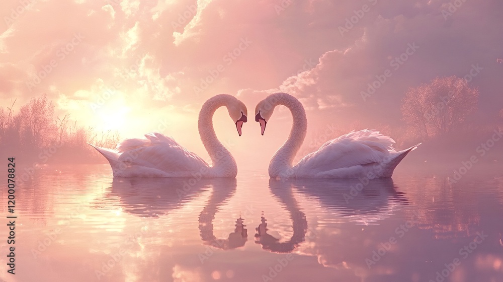 Fototapeta premium Two beautiful white swans are creating a perfect heart shape with their necks, reflected on the calm water of a lake, during a colorful sunset, conveying love, romance, and tenderness