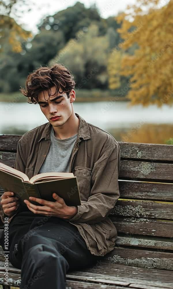 Young man reading book on park bench by serene lake Young man reading book on park bench by serene lake