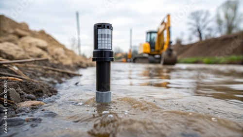 A closeup of a water turbidity sensor submerged in a stream with a blurred view of construction equipment in the background causing runoff concerns.