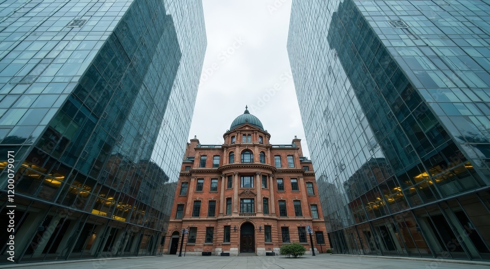 Naklejka premium Historic Architecture Set Amidst Urban Glass Giants: A Unique Perspective