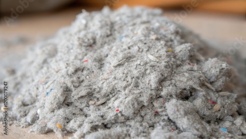 A closeup of cellulose insulation made from recycled paper displaying a handful of the gray fluffy material with specks of color from additives.