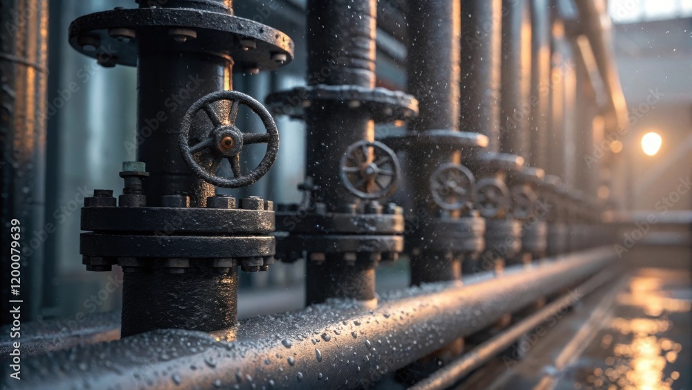 A closeup of mechanical components within a cooling tower showcasing intricate pipes and valves glistening with condensation from the surrounding humidity. A closeup of mechanical components within a cooling tower showcasing intricate pipes and valves glistening with condensation from the surrounding humidity.
