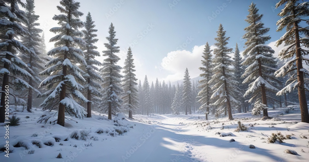 Fototapeta premium Snow-covered pine trees in a winter wonderland, forest, nature