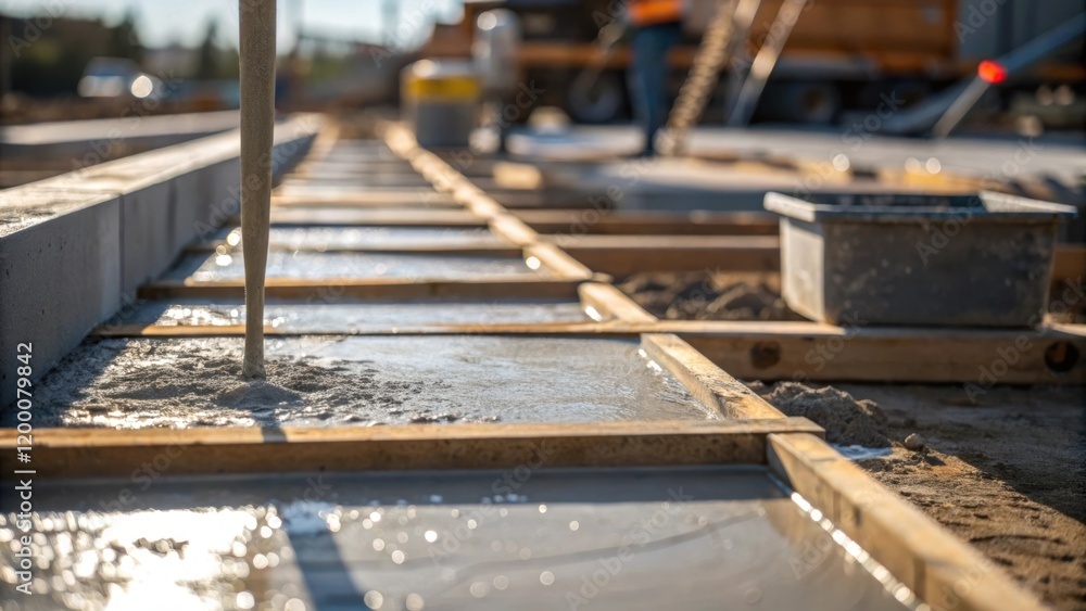 A closeup of pouring concrete into forms with the wet mix glistening in the sunlight and construction tools tered nearby conveying the raw material aspect of building. A closeup of pouring concrete into forms with the wet mix glistening in the sunlight and construction tools tered nearby conveying the raw material aspect of building.