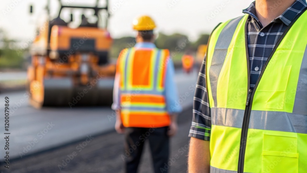 A closeup of reflective safety vests adorned by workers with a blurred asphalt paver working in the background emphasizing safety amidst the construction chaos. A closeup of reflective safety vests adorned by workers with a blurred asphalt paver working in the background emphasizing safety amidst the construction chaos.