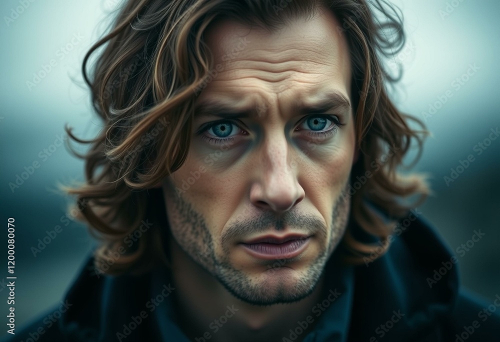 Portrait of a man with long hair, introspective expression Portrait of a man with long hair, introspective expression