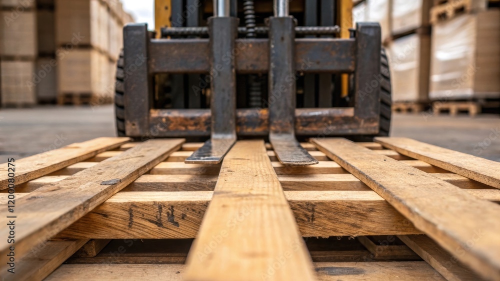 A closeup of the forklifts fork piercing through a wooden pallet showcasing the texture of the wood and the metal components of the machinery. A closeup of the forklifts fork piercing through a wooden pallet showcasing the texture of the wood and the metal components of the machinery.