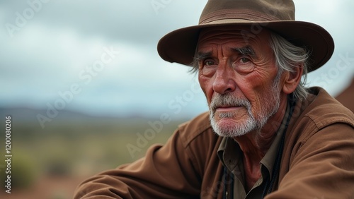 Elderly Aboriginal man with creased skin and distant eyes wearing a rugged hat, seated on a rock under a cloudy sky
