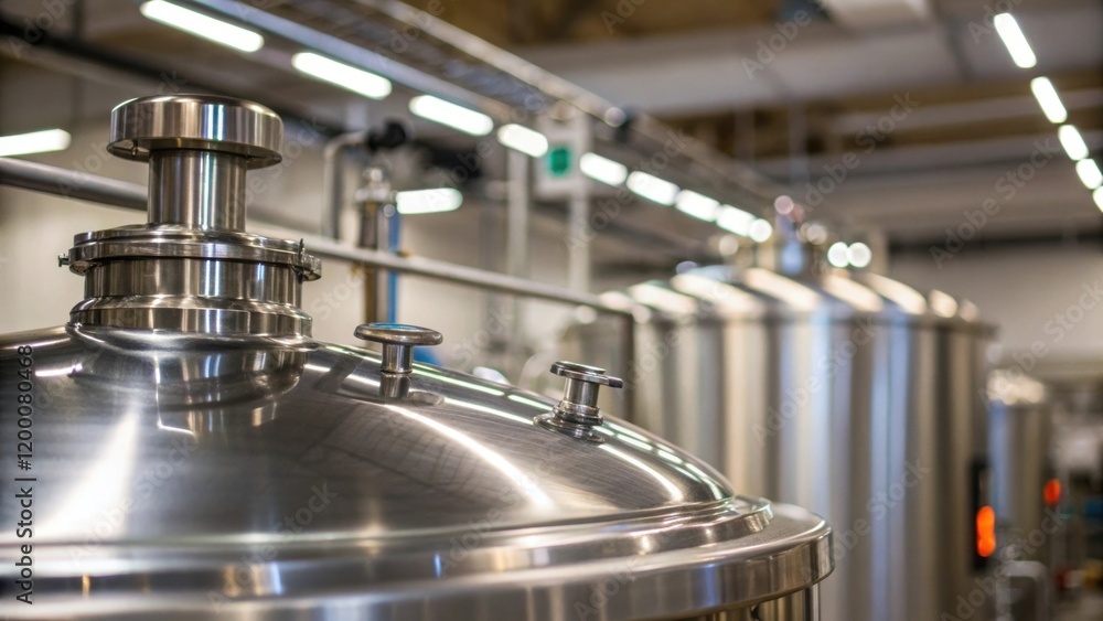 A closeup of the mixing equipment with a shiny stainlesssteel surface reflecting the lights above waiting for installation in the new processing area. A closeup of the mixing equipment with a shiny stainlesssteel surface reflecting the lights above waiting for installation in the new processing area.