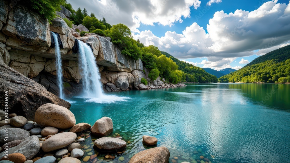 Fototapeta premium Sun-kissed sea stretches vast, framed by majestic, layered boulders. A rugged rock formation commands the left, casting intricate shadows over tranquil waters