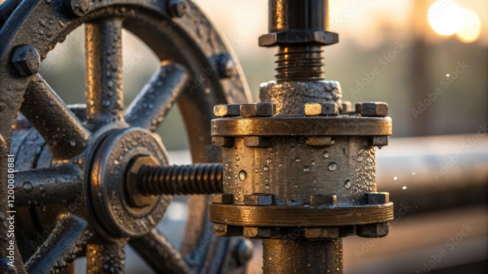 A closeup on the intricate components of a penstock valve with droplets of moisture reflecting light illustrating the critical role of each part in the dams operation. A closeup on the intricate components of a penstock valve with droplets of moisture reflecting light illustrating the critical role of each part in the dams operation.