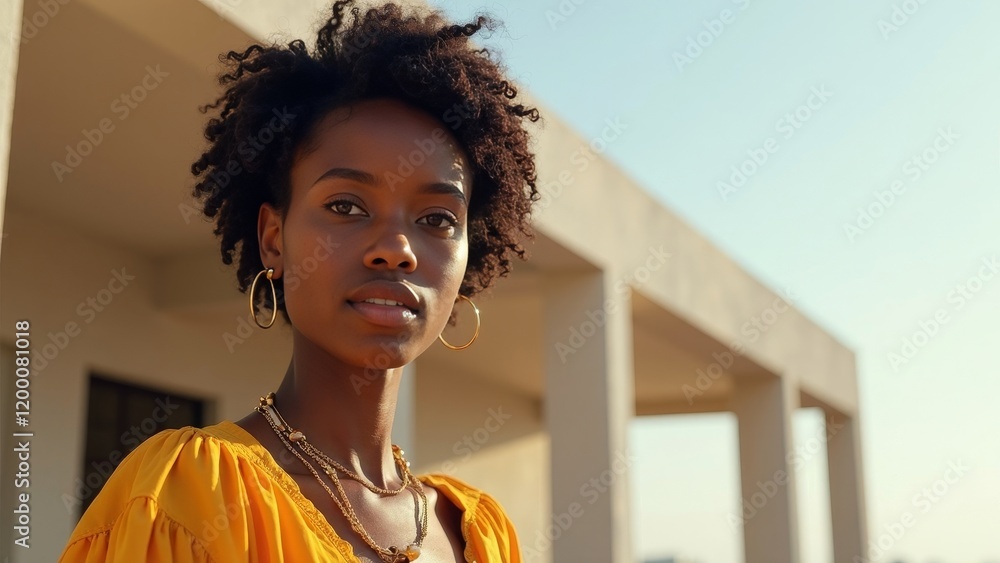 Naklejka premium Confident young woman of Senegalese descent in vibrant yellow attire standing before minimalist architecture