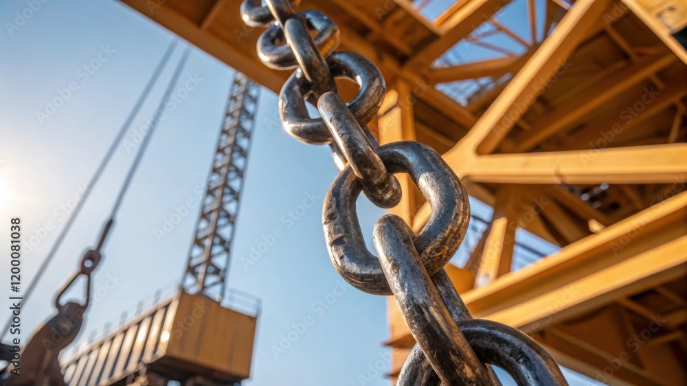 A closeup shot of a thick steel chain securing an enormous industrial component glinting in the sunlight while suspended from the cranes hook. A closeup shot of a thick steel chain securing an enormous industrial component glinting in the sunlight while suspended from the cranes hook.