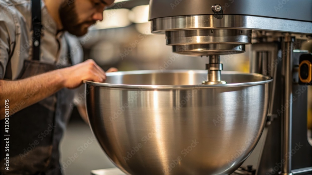 A closeup shot of a worker adjusting the mixers large mixing bowl highlighting the smooth finish of the stainless steel and the effort in the technicians posture. A closeup shot of a worker adjusting the mixers large mixing bowl highlighting the smooth finish of the stainless steel and the effort in the technicians posture.