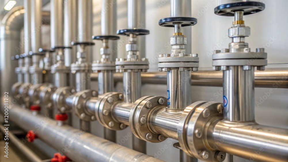 Fototapeta premium A closeup view of a carefully arranged array of pipes and valves glistening in the sunlight ready to be installed for efficient food processing.