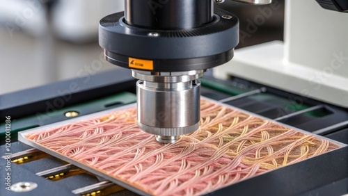 A closeup view of a digital microscope examining the microstructure of a composite material revealing intricate details and the arrangement of fibers at a cellular level. photo