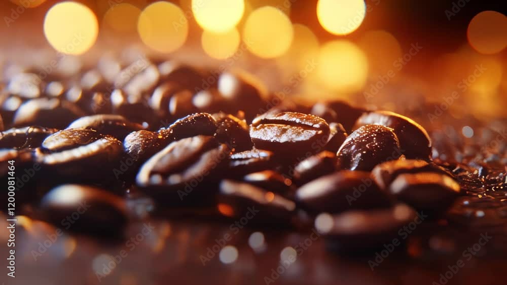 Coffee beans resting on a dark surface with a soft glow of lights in the background during evening hours Coffee beans resting on a dark surface with a soft glow of lights in the background during evening hours