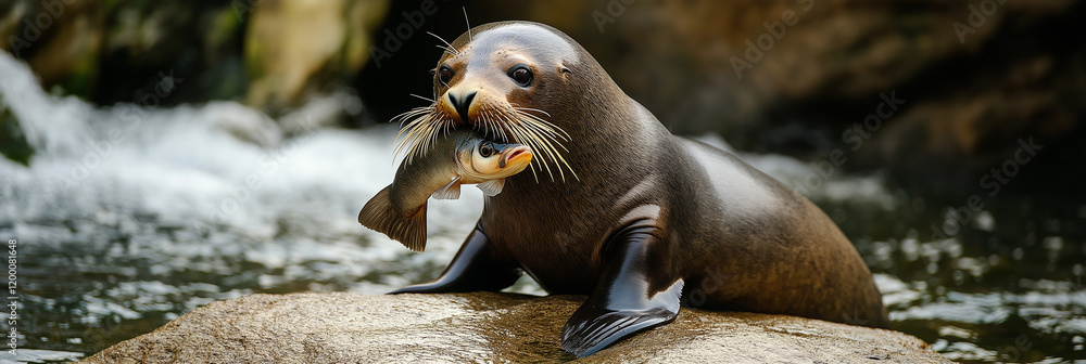 Playful seal resting on rock with fish, cheerful nature scene Playful seal resting on rock with fish, cheerful nature scene