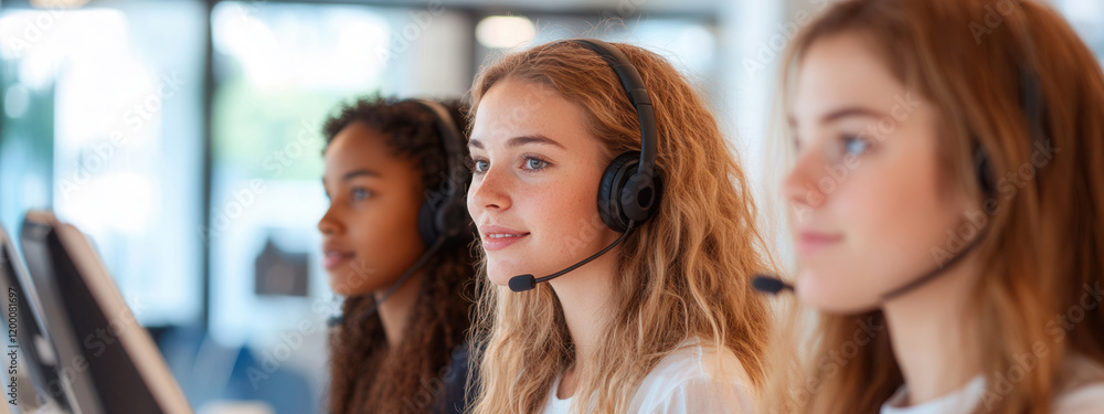 Obraz premium A professional businesswoman women, girls, woman in the call center take calls, orders. take purchases