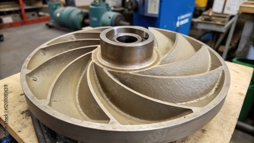 A close view of the pumps impeller highlighting the blades curvature and the buildup of sediment along the edges with a backdrop of a workshop environment.