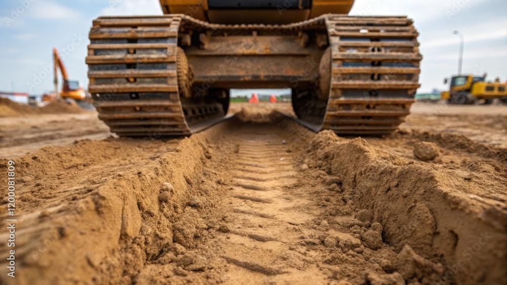 A detailed shot of soil texture under the heavy tread of a tracked machine showcasing the displacement of earth as it flattens uneven ground for foundation work. A detailed shot of soil texture under the heavy tread of a tracked machine showcasing the displacement of earth as it flattens uneven ground for foundation work.