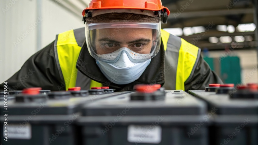 Fototapeta premium A detailed shot showcases a workers face masked in safety gear reflecting concentration as they carefully align a large battery unit with its connection interface.