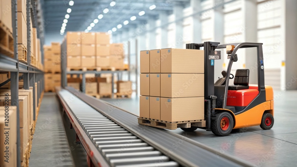 A medium closeup capturing a conveyor belt in the background as a forklift carries a load illustrating a dynamic warehouse workflow. A medium closeup capturing a conveyor belt in the background as a forklift carries a load illustrating a dynamic warehouse workflow.